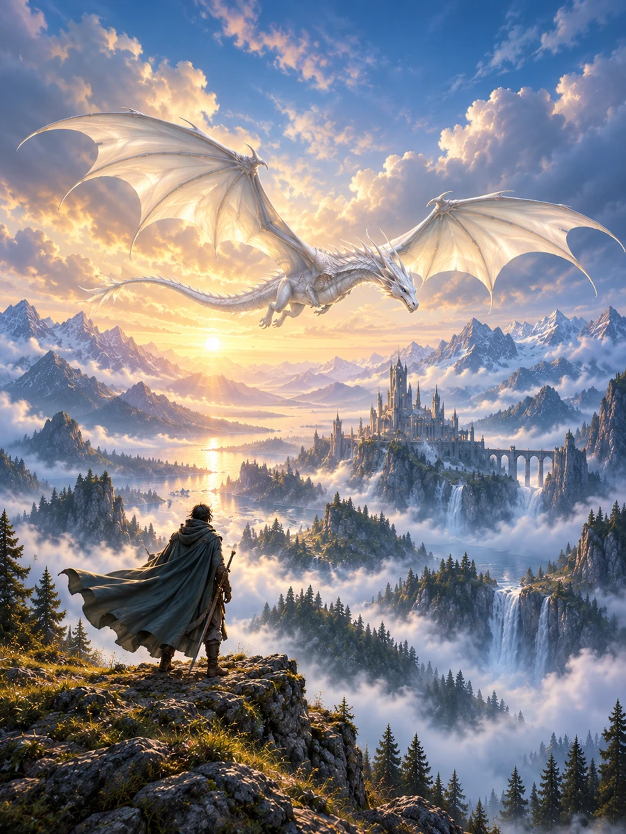 Fantasy illustration of a traveler overlooking a mountain citadel beneath a flying white dragon