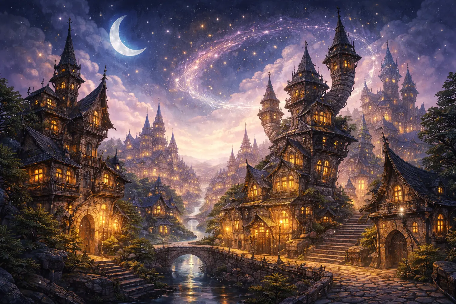 Atmospheric fantasy cityscape evoking the world of Discworld