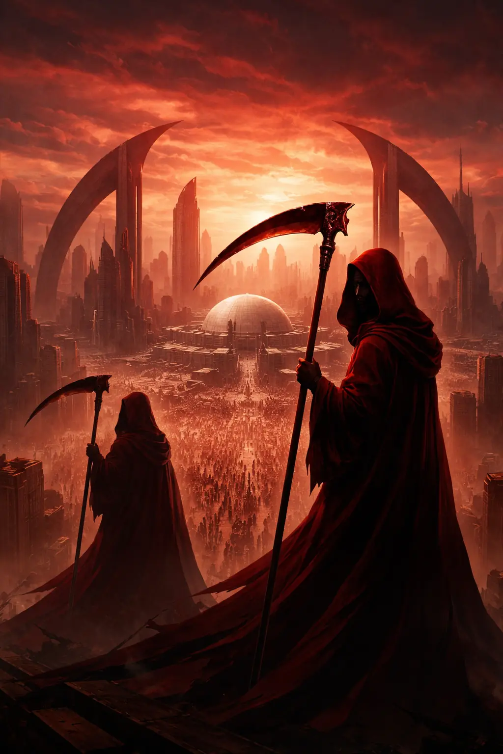 Original abstract dystopian skyline suggesting mortality, ceremony, and futuristic social order